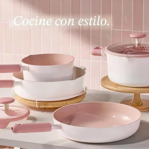 Miniatura 4 de CAROTE Juego de utensilios de cocina de cerámica antiadherente, 15 piezas de ollas y sartenes antiadherentes, no tóxicos, lavavajillas, juego de Rosa