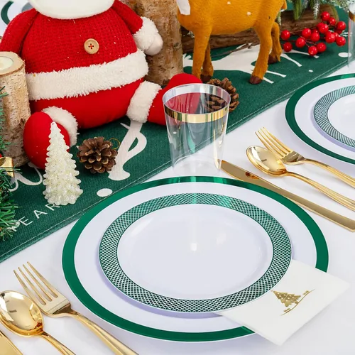 Miniatura 4 de Ciaell 175 platos de plástico de Navidad, los juegos de platos de plástico blanco y verde incluyen 25 platos de cena, 25 platos de postre, 25