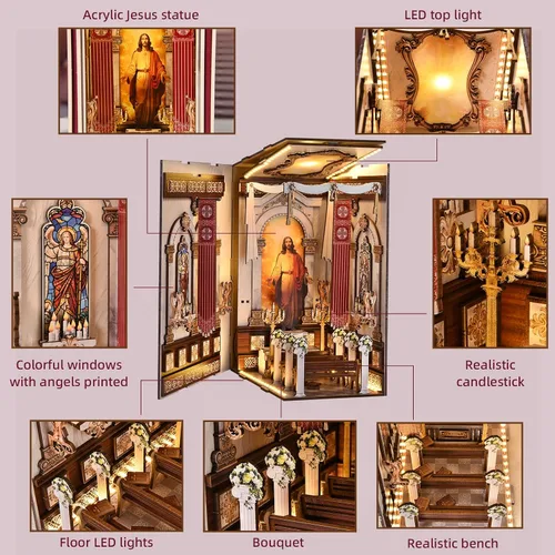 Miniatura 5 de Kit de rincón de libros, sujetalibros simple, kit de casa de muñecas en miniatura para principiantes, modelo de rompecabezas 3D de bricolaje con luz