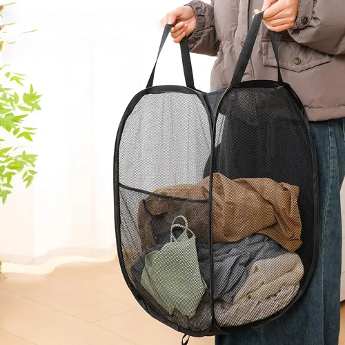 Miniatura 2 de Paquete de 2 cestas plegables de lavandería plegables de malla negra con asa portátil, bolsillo lateral para dormitorio, cuarto de bebé, viajes