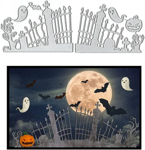 ALIBBON Troqueles de Halloween para hacer tarjetas y álbumes de recortes, troqueles de corte de valla fantasma de calabaza, moldes de plantilla de