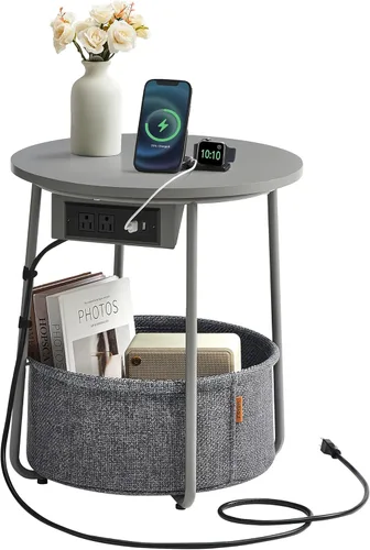 Miniatura 14 de VASAGLE Colección LILEA - Mesa auxiliar con estación de carga, mesa auxiliar redonda con cesta de tela, mesita de noche con puertos USB, para sala