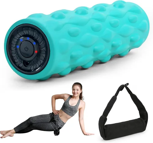 Miniatura 10 de Rodillo de espuma vibratoria de alta densidad azul con 4 velocidades personalizables para masaje de tejido profundo, recuperación muscular y alivio