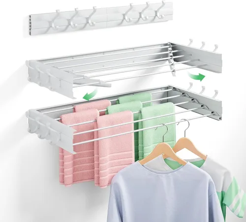 Miniatura 10 de Estante de secado plegable para montar en la pared, ahorro de espacio, de acero inoxidable de 23.5 pulgadas, con varillas reforzadas resistentes
