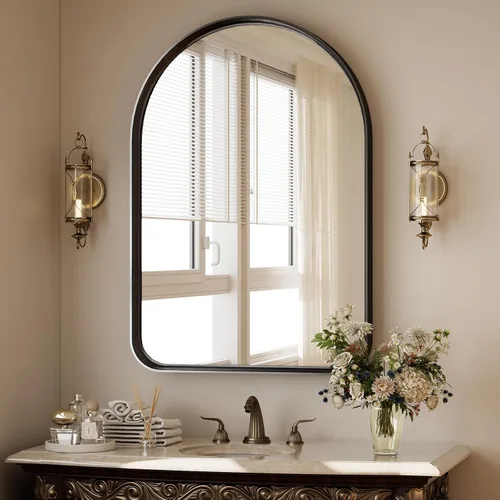 Miniatura 16 de Espejo de Baño con Arco, Espejo de Baño Arqueado de 20x30 pulgadas/Espejo de Tocador Montado en la Pared - Espejo de Pared con Marco de Metal Negro