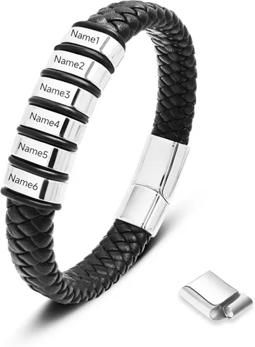 Miniatura 29 de Pulsera personalizada para hombre con cuentas de nombre personalizadas, pulsera de cuero trenzado personalizada grabada con 2-6 nombres
