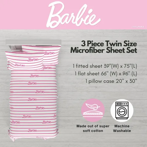 Miniatura 2 de Franco - Juego de sábanas tamaño individual de 3 piezas de Barbie Logo, muy suave y acogedor, de microfibra, (producto oficialmente licenciado) por