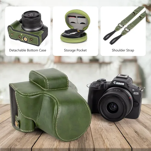 Miniatura 5 de MUZIRI KINOKOO Funda Protectora para Cámara Canon EOS R50/R100 y Lente 18-45mm, de Cuero PU EOSR50 R100 Incluyendo Media Funda, Tapa Abatible, Verde