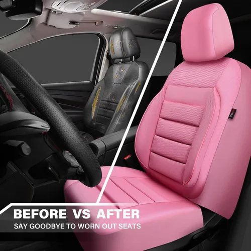 Miniatura 6 de CAR PASS Fundas de Asiento de Cuero Rosa Juego Completo Universal Resistente al Agua Soporte de Respaldo de Espuma 3D, Comodidad de Lujo Automotriz