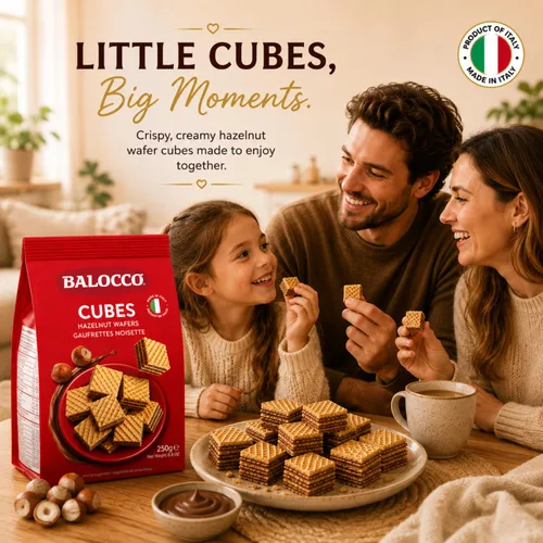 Miniatura 5 de Balocco Galletas en forma de cubo de obleas de avellana 8.8 oz (250 g) Galletas de oblea cuadradas italianas crujientes con 4 capas de crema