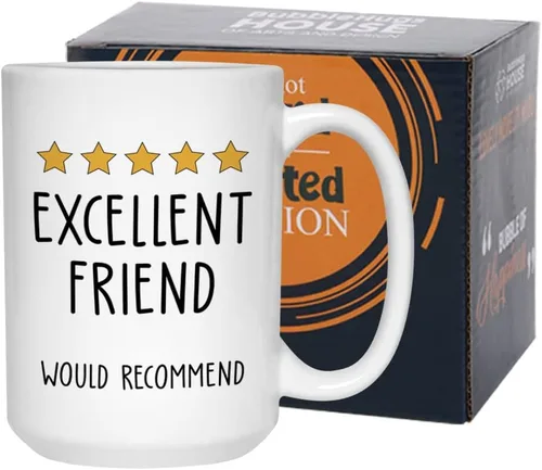 Bubble Hugs Taza de la amistad de 15 onzas, con texto en inglés "Excellent Friend Would Recommand" Funny 5 Stars Bestie Review - Taza de regalo