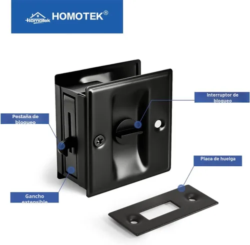 Miniatura 4 de HOMOTEK Cerradura de Puerta Corrediza de Privacidad con Tirador - Reemplaza el Hardware de Cerraduras de Bolsillo Viejas o Dañadas Rápida y Negro