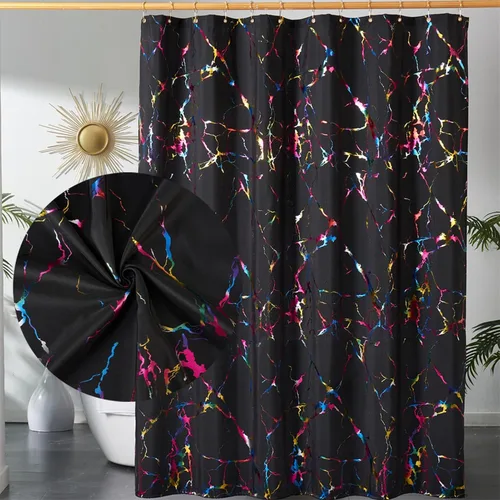 Cortina de ducha colorida negra y dorada, diseño de mármol impreso de lujo, tela metálica con purpurina, impermeable, 72 x 72 pulgadas con ganchos