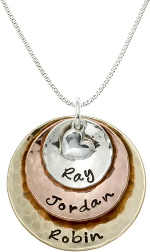 My Three Treasures - Collar con dije personalizado con discos chapados en plata 925, oro y oro rosa. Personalizado con cualquier palabra o nombre de