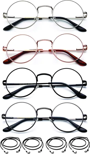 Miniatura 2 de Newbee Fashion Paquete de 4 lentes de lectura redondos con cordones, marco de metal, borde delgado, bisagra de resorte, marco circular, gafas