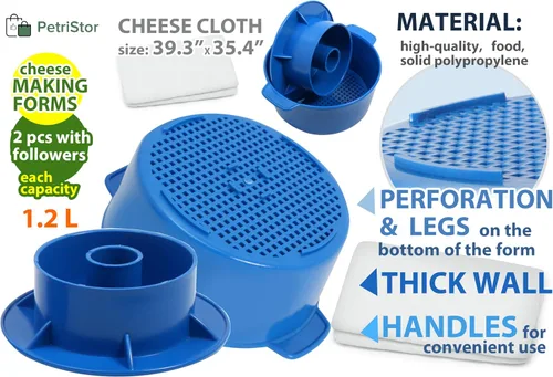 Miniatura 2 de PetriStor Kit de fabricación de quesos – 2 piezas de molde de queso con un pistón seguidor azul y gasa de algodón – Cesta para hacer queso – Paneer