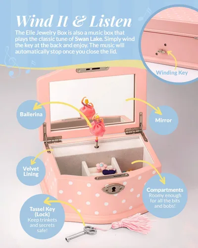 Miniatura 3 de Elle Joyero - Organizador de joyas de bailarina y caja de música con cuerda de lago cisne para niñas y adolescentes, accesorios y recuerdos