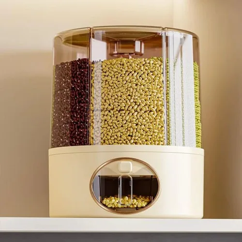 Dispensador de alimentos giratorio de 6 rejillas prémium con tapa sellada, contenedor de almacenamiento de granos de rotación de 360° para arroz,