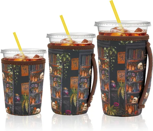 Miniatura 10 de KJQJLY Paquete de 3 fundas reutilizables para café helado con asa, de neopreno, aisladas, para bebidas calientes y frías, se adapta a tazas de 16 a