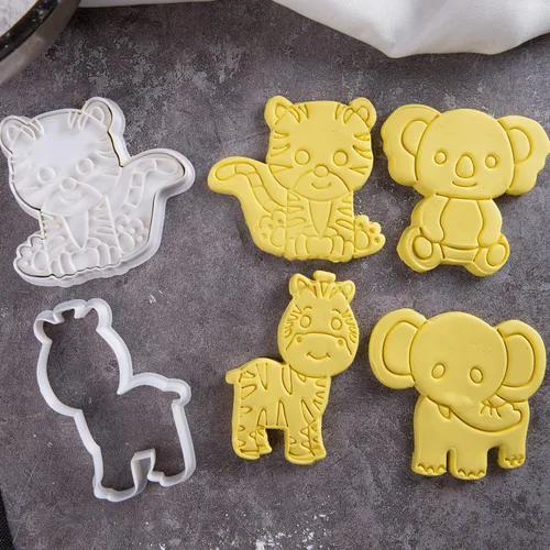 Miniatura 2 de Juego de 8 cortadores de galletas de animales con mango de sello 3D, diseño de selva para cocina, formas de pastel de ácido poliláctico