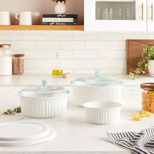 Miniatura 7 de CorningWare French White - Juego de 7 piezas de utensilios de cerámica para hornear con tapas, plato para hornear de gres resistente a astillas