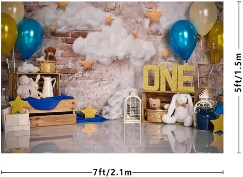 Miniatura 3 de MEHOFOTO - Telón de fondo para estudio fotográfico de un cumpleaños, globos y estrellas de nube, decoración retro para fiesta de primer cumpleaños