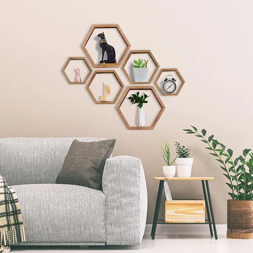 Miniatura 7 de PHOENANCEE Estantes flotantes hexagonales, estante de panal de abeja, estantes de almacenamiento octágonos de madera rústica montados en la pared