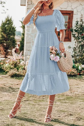 Miniatura 7 de MEROKEETY - Vestido de verano con lunares suizos para mujer vestido midi con cuello cuadrado, mangas abombadas, volados, lazo en la espalda