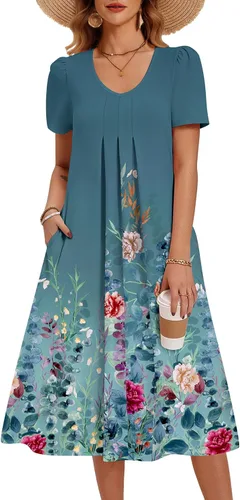 Miniatura 20 de Zeagoo Vestido de verano para mujer, casual, floral, midi, con bolsillos, cuello en V, plisado, manga corta, estilo alineado, para vacaciones