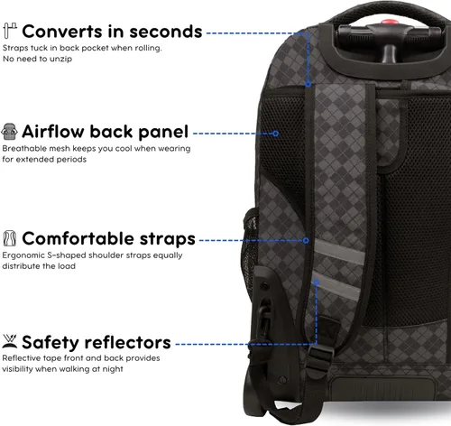 Miniatura 6 de J World Sundance Mochila Rodante para Laptop para Niñas y Niños. Mochila Escolar con Ruedas, Rombos negro, 20 pulgadas