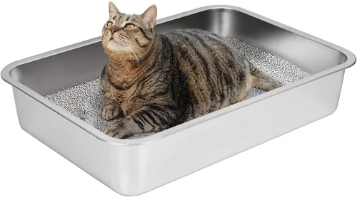 Miniatura 11 de IKITCHEN Caja de arena de acero inoxidable para gatos, bandeja de arena de metal grande para gatos, caja de arena para gatos nunca absorbe olores