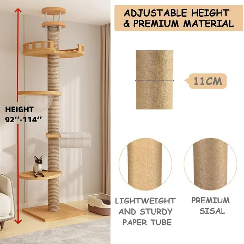 Miniatura 4 de Árbol para gatos del suelo al techo, torre para gatos de altura ajustable de madera maciza, árbol para gatos de 6 a 9.5 pies de alto con poste