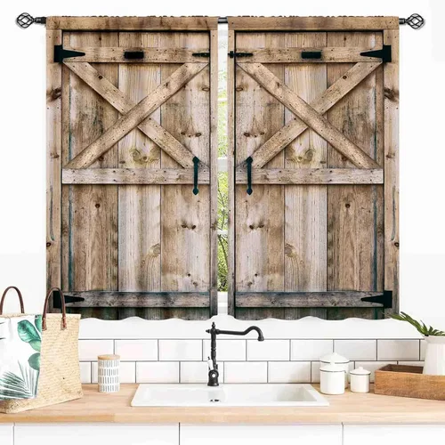 Miniatura 22 de Cortinas de puerta de granero, cortinas de madera rústica de granja, cabina de madera, tablón de madera, puerta de garaje de madera de granero