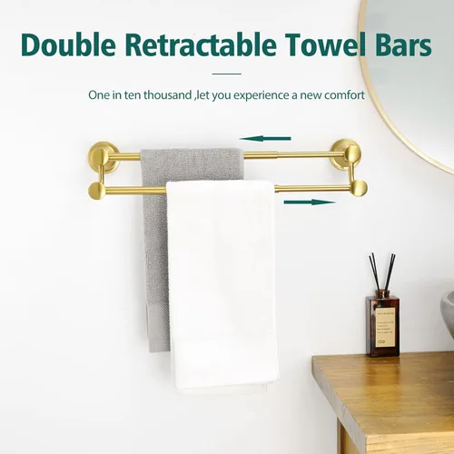 Miniatura 6 de Hoimpro - Barra de toalla ajustable retráctil de 15-27 pulgadas de acero inoxidable para baño, accesorios de baño, barra doble de toalla para baño