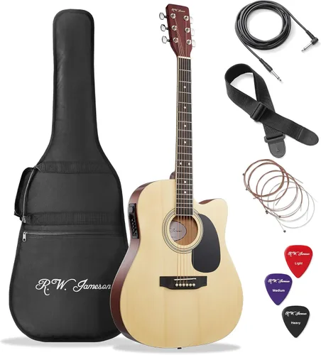 Jameson Guitars - Guitarra eléctrica acústica de tamaño completo Thinline con funda y púas Natural para diestros