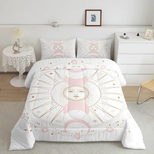 Juego de edredón bohemio dorado tamaño Queen para niños y niños, decoración de habitación de luna rosa, misterioso, bohemio, juego de ropa de cama