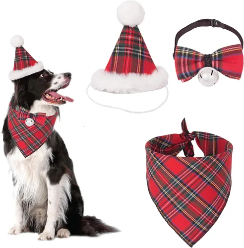 Miniatura 11 de ADOGGYGO Juego de bandana de Navidad para perro, sombrero y pajarita, clásica a cuadros rojos, bufanda de Navidad para mascotas, disfraz de Navidad