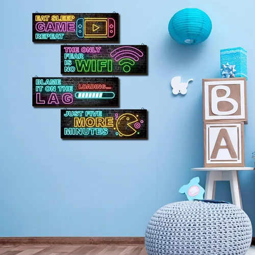 Miniatura 7 de clothmile 4 piezas de decoración de juegos de neón para la habitación de los niños, arte de pared de videojuegos de madera, cita motivacional