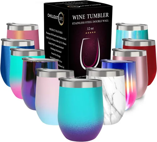 Miniatura 50 de CHILLOUT LIFE Vasos Térmicos de Vino de Acero Inoxidable de 12 oz Paquete de 2 - Vasos de Vino con Aislamiento al Vacío de Doble Pared con Tapas
