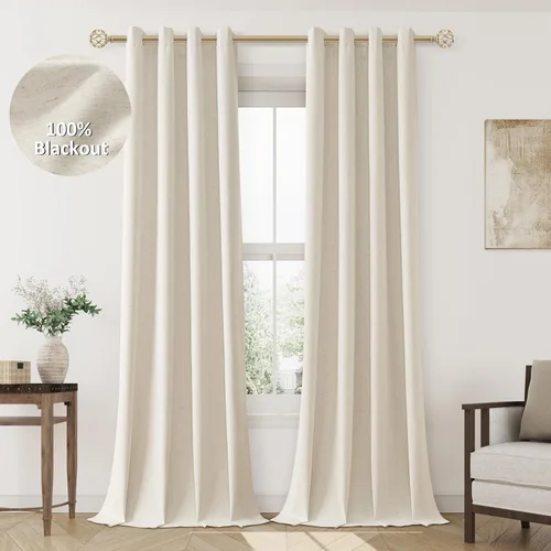 Miniatura 44 de Cream Linen Blackout Curtains 90 Length 2 Panels Set for Living Room Bedroom, 100% Black Out Thermal Insulated Linen Drapes, Room Darkening Grommet