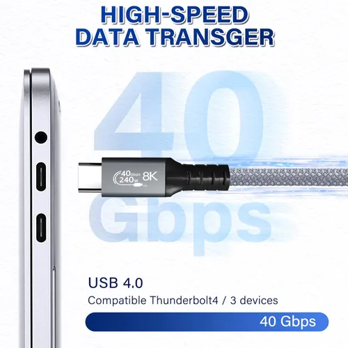 Miniatura 2 de LanSenSu Cable USB4 de 240 W, 1 pie, transmisión de datos de 40 GBps, carga súper rápida PD de 240 W (48 V5A), extensión HD de 8K a 60 Hz