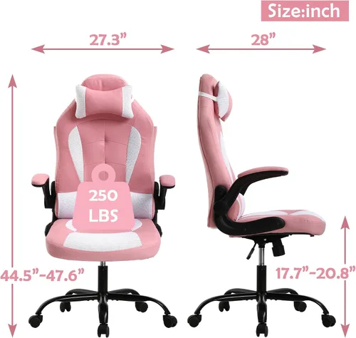 Miniatura 3 de Silla de juegos con reposacabezas y soporte lumbar, grande y alta, altura ajustable, silla ergonómica para juegos de PC en piel sintética Rosa