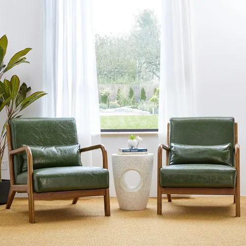 Miniatura 14 de Glitzhome Sillón Accent de mediados de siglo en verde cazador, sillón de lectura individual de cuero PU con marco de nogal y ruberwood Pu verde.