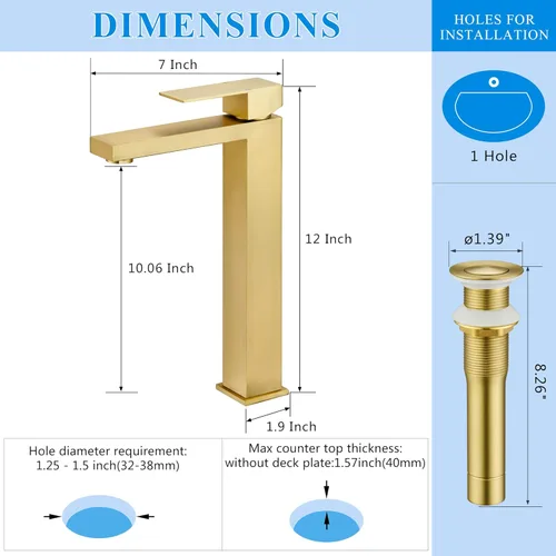 Miniatura 5 de Tohlar Grifo de lavabo dorado, grifos de baño altos para fregaderos de buque, dorado cepillado, moderno, mango único, 1 agujero, grifo de tocador