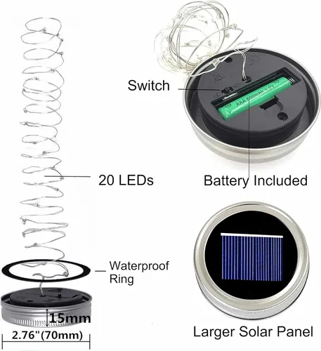 Miniatura 3 de Juego de 6 luces solares para tapa de tarro, paquete de 20 luces LED impermeables con diseño de estrella de hadas y luciérnaga, para decoración