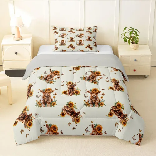 Miniatura 54 de Juego de ropa de cama de vaca de las tierras altas, edredón de ganado de las tierras altas, juego de edredón rosa floral de vaca occidental, juego