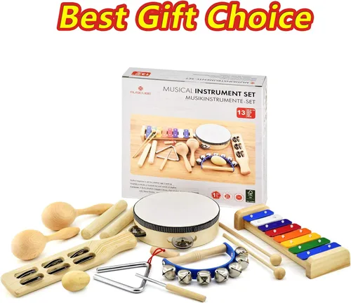 Miniatura 5 de Juego de instrumentos musicales para niños pequeños, instrumentos de percusión de madera, juguetes musicales, xilófono, maracas, huevo, pandereta