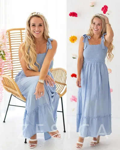Miniatura 8 de ZESICA Women's 2023 Summer Boho Spaghetti Strap Square Neck Solid Color Ruffle A Line Beach Long Maxi Dress