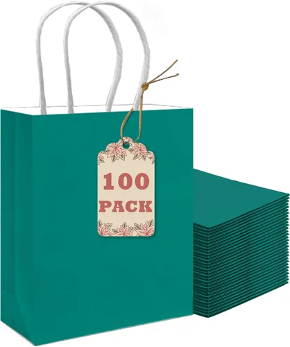 Miniatura 13 de qiqee Bolsas de regalo pequeñas de papel multicolor con asas a granel para fiesta arcoíris - 8.3"x6"x3.15" 100 piezas