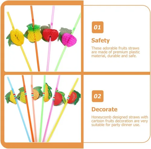 Miniatura 9 de Kichvoe Paquete de 60 pajitas de fiesta con temática hawaiana, agitadores de bebidas en forma de fruta para niños y niñas, pajitas de plástico